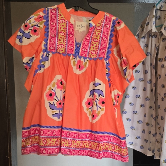 Umgee Tops - Umgee Coral Orange Floral Embroidered Tunic